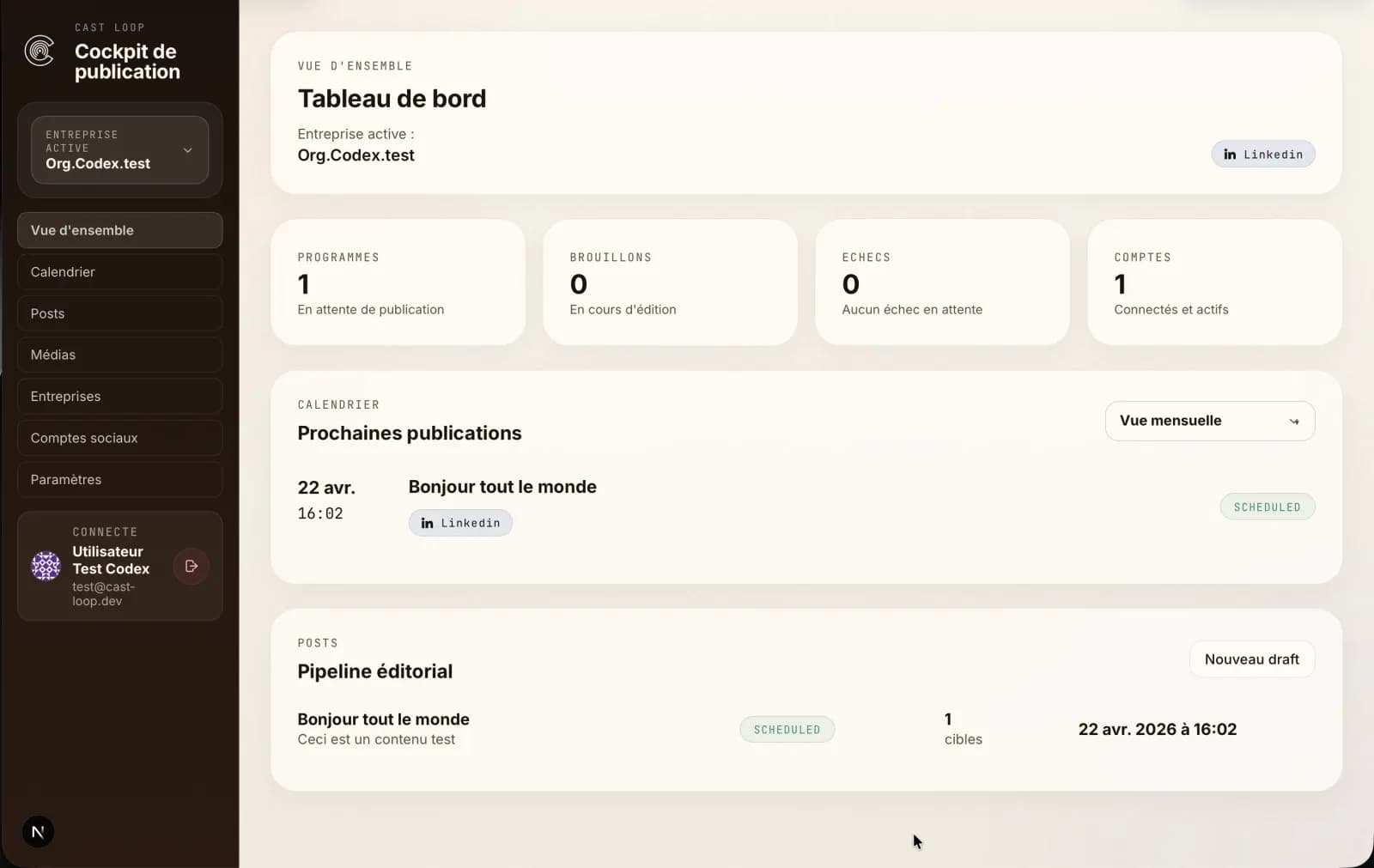 Cockpit de publication Cast Loop avec tableau de bord, calendrier éditorial et pipeline de posts.