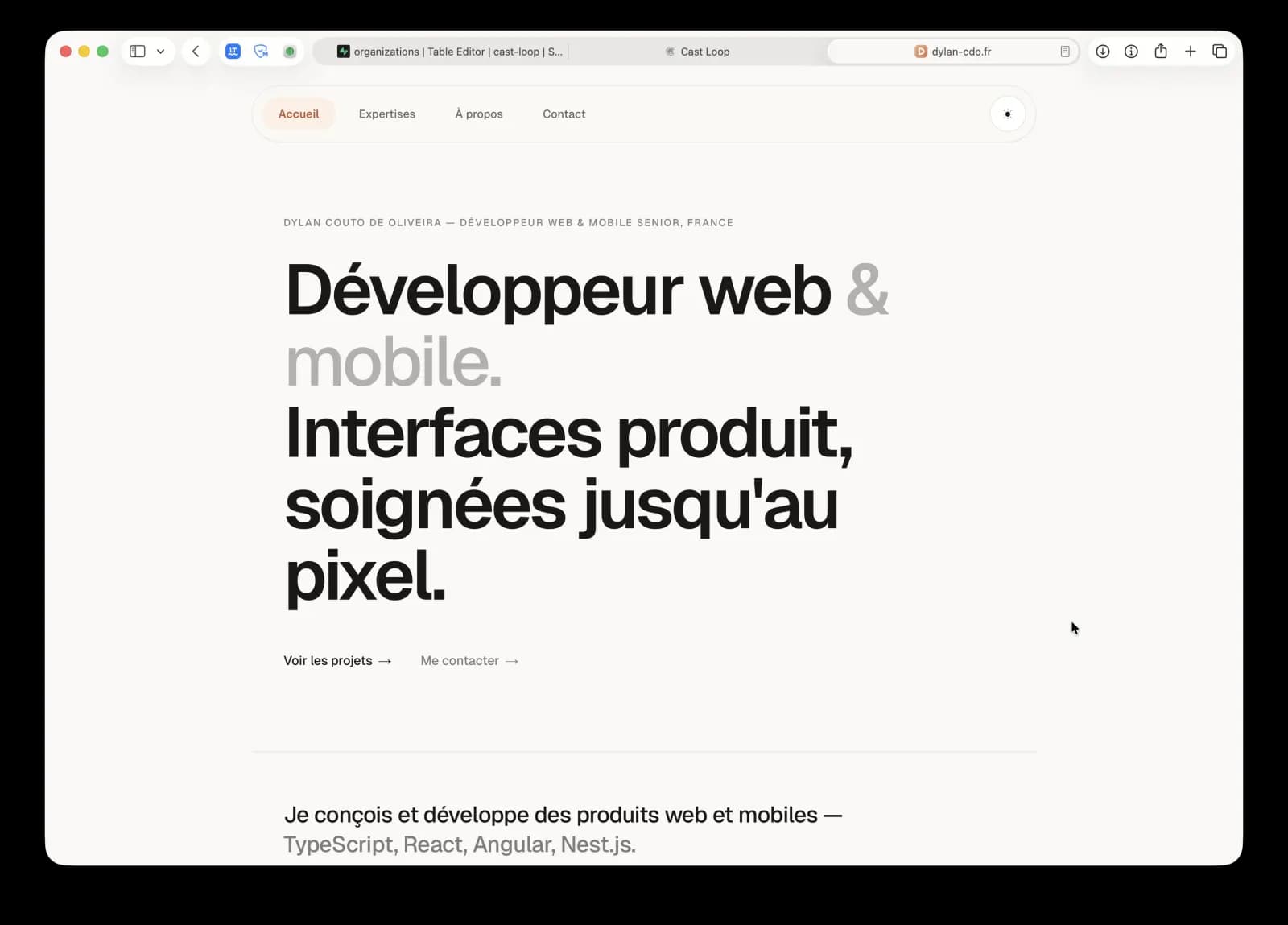 Portfolio Dylan COUTO DE OLIVEIRA, développeur full-stack TypeScript, direction artistique premium.