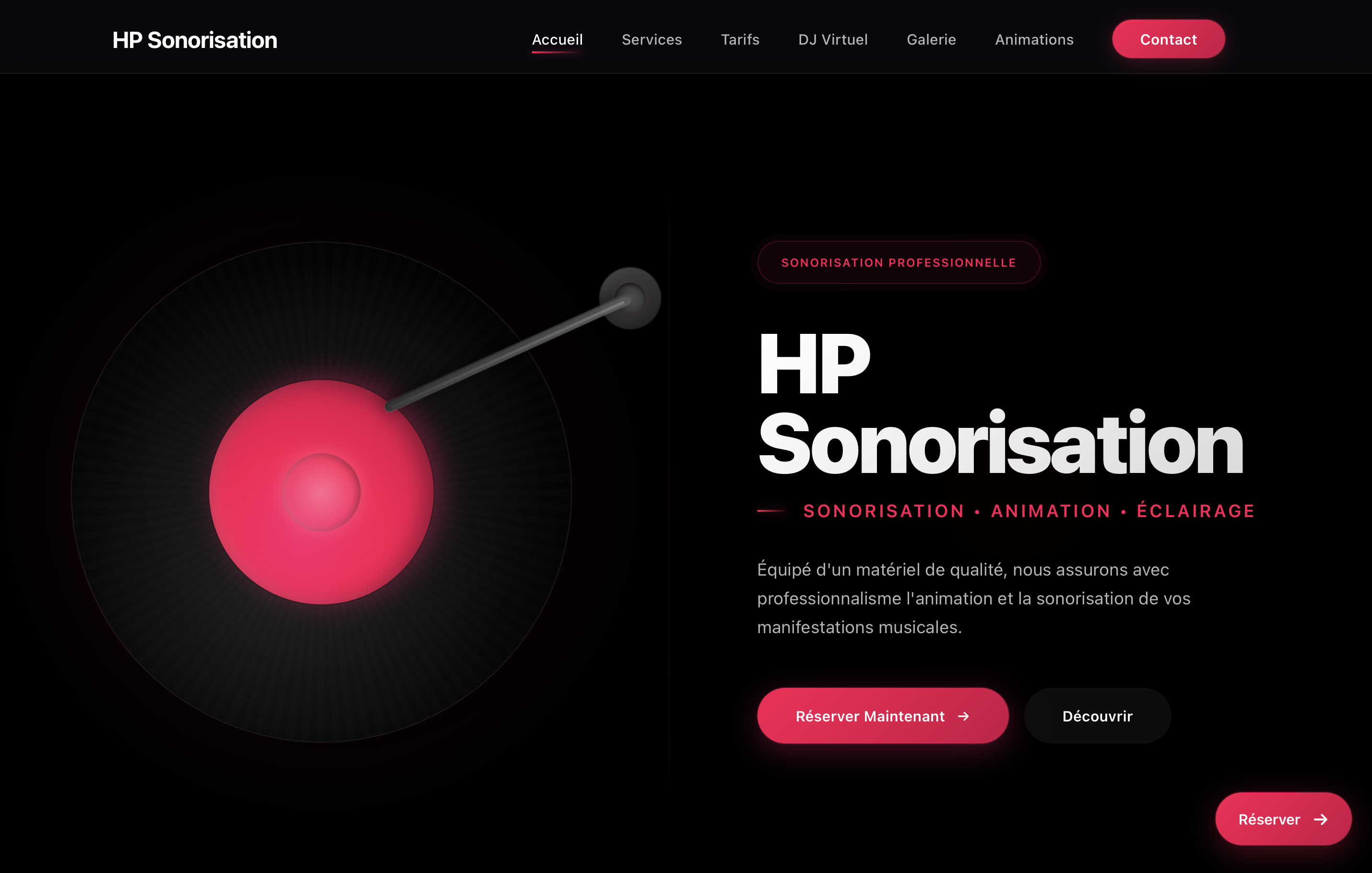 Site immersif HP Sonorisation avec esthétique nocturne et CTA marqués.